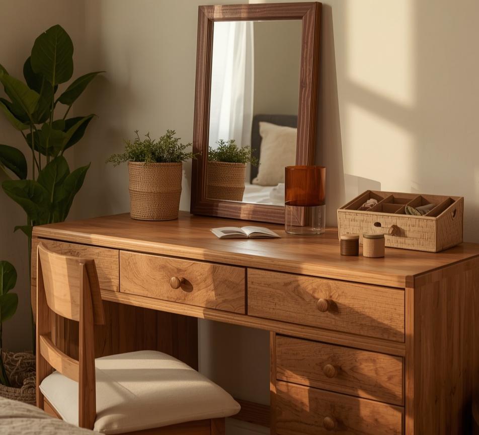 Neutral vanity design featuring wood texture drawers and warm natural styling