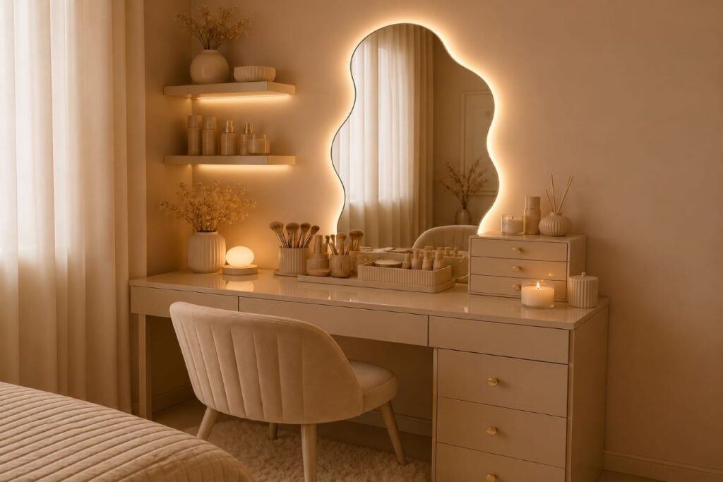 Glam makeup vanity with glowing round LED mirror and elegant beige tones