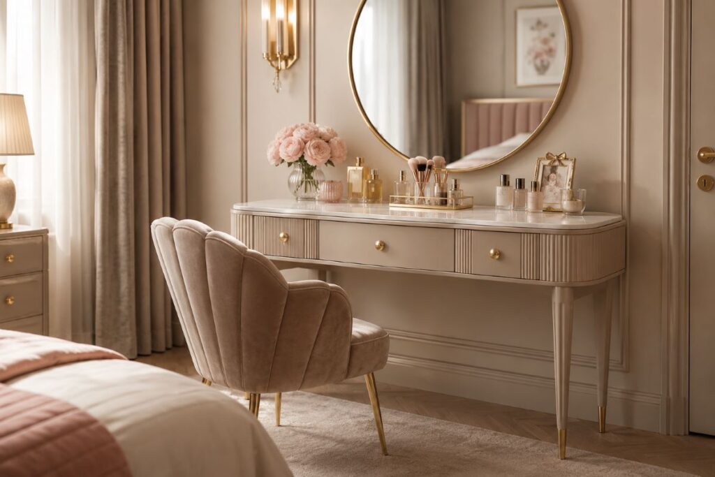 Cozy beauty corner with cushioned chair and elegant beige dressing table design