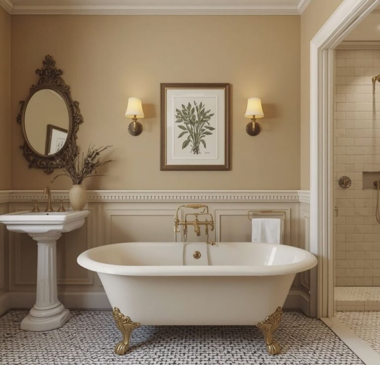 "beige vintage bathroom with clawfoot bathtub hexagonal floor tiles and antique mirror"