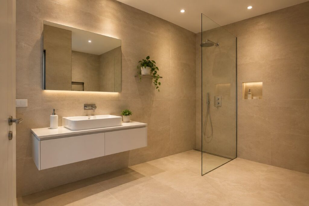 "beige tile bathroom with large format porcelain tiles and minimal white accessories"
