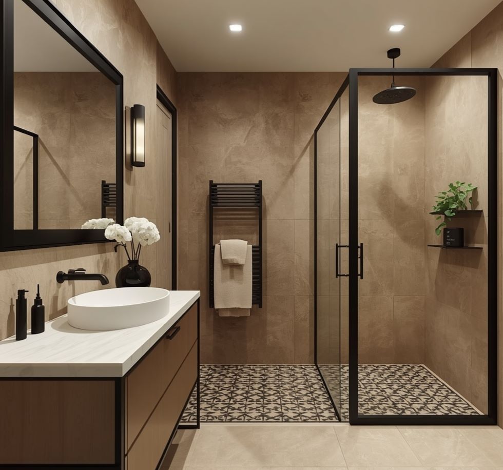 "beige bathroom with black accents matte black mirror taps and geometric floor tiles"
