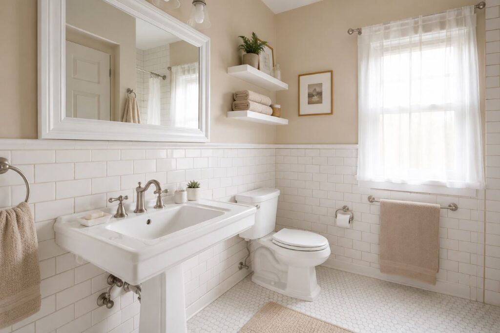 "beige and white bathroom with subway tiles white basin and large framed mirror"