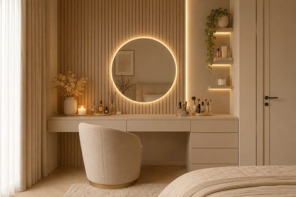 Elegant vanity featuring gold details mirror frame and premium beige finish