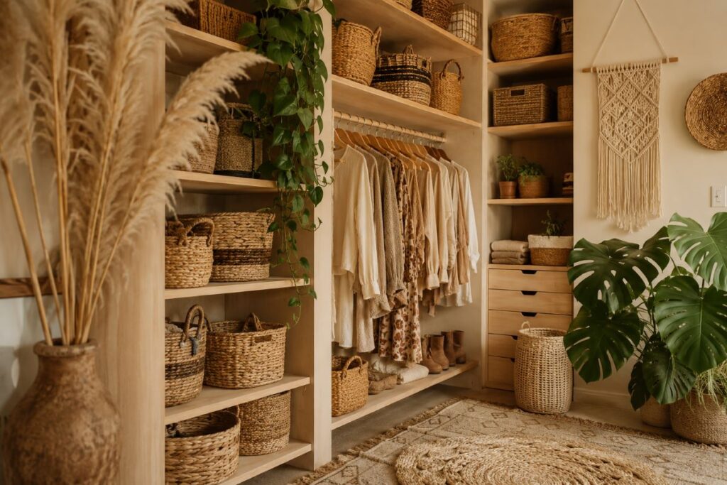 Bohemian closet featuring woven baskets and pampas grass