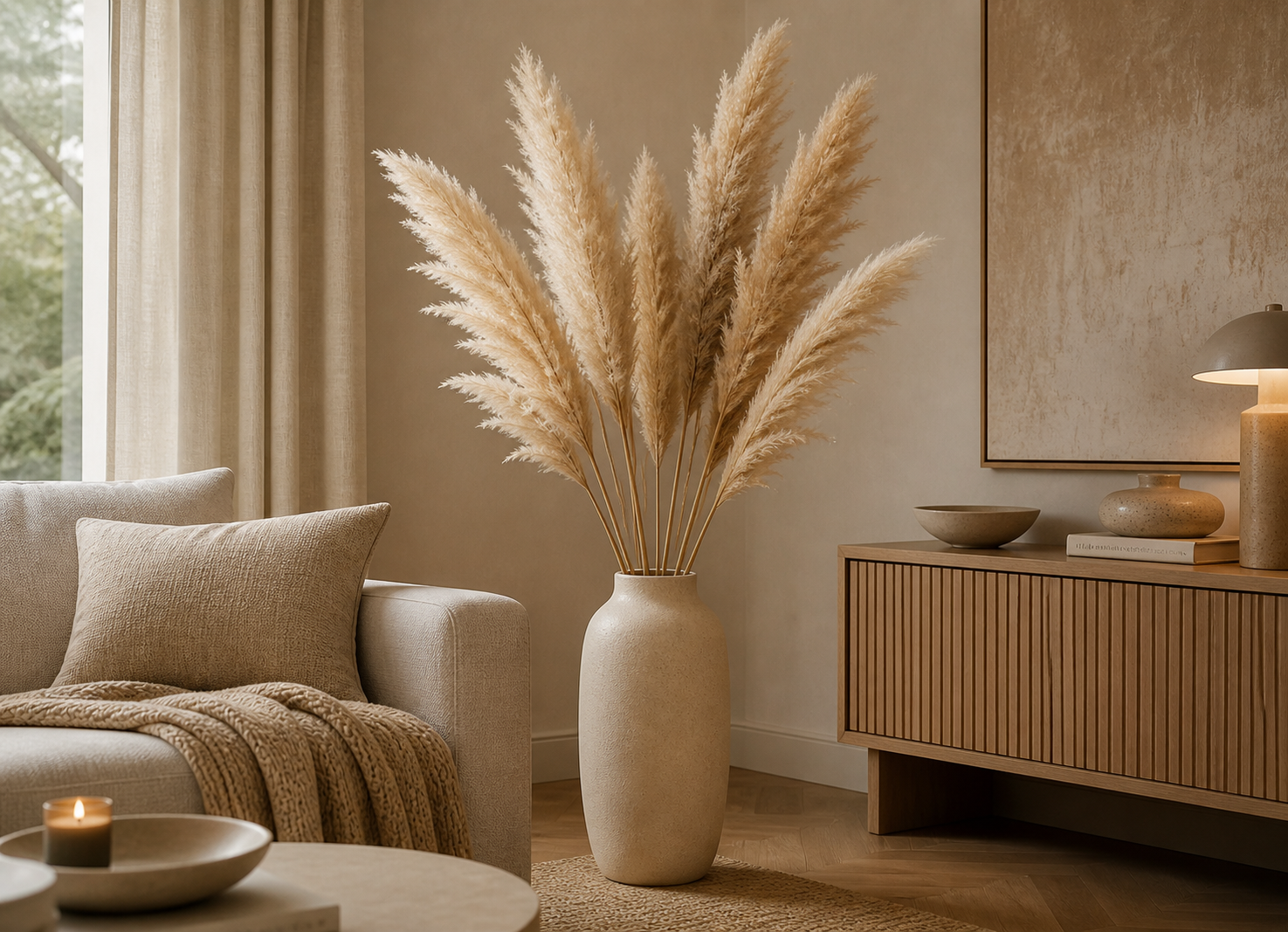 Beige pampas grass vases