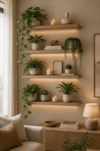 Beige aesthetic floating wooden shelves