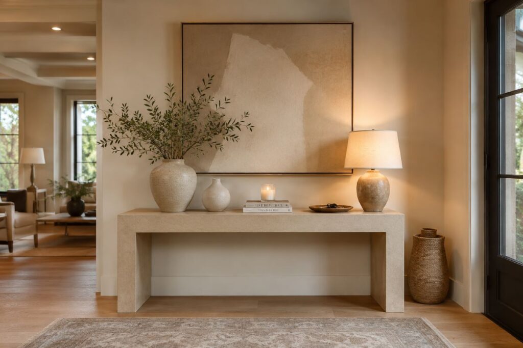 "beige hallway with ceramic vase books and small decorative accessories"
