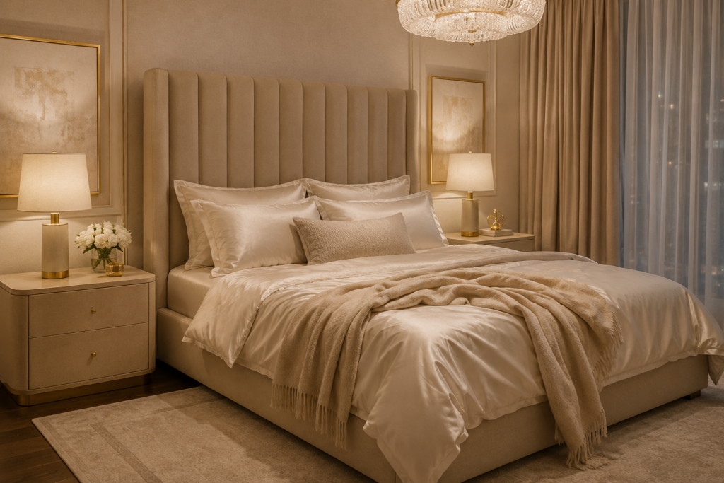 Beige quiet luxury bedroom with upholstered headboard and warm elegant lighting.