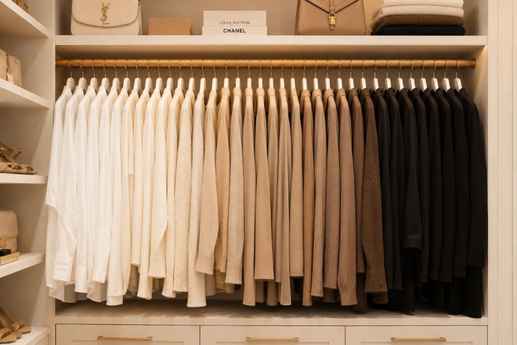Closet with ombre-effect color-coordinated hanging wardrobe arrangement