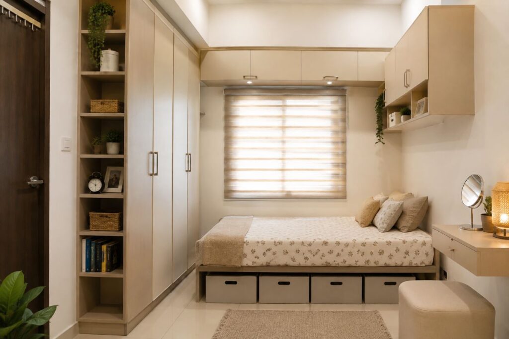 Small closet optimizing vertical space with wall-mounted storage