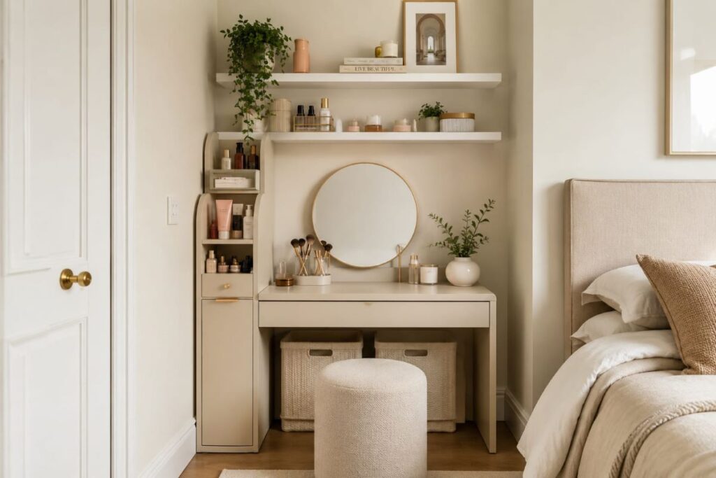 Small bedroom vanity setup with simple storage and minimal beige design style

