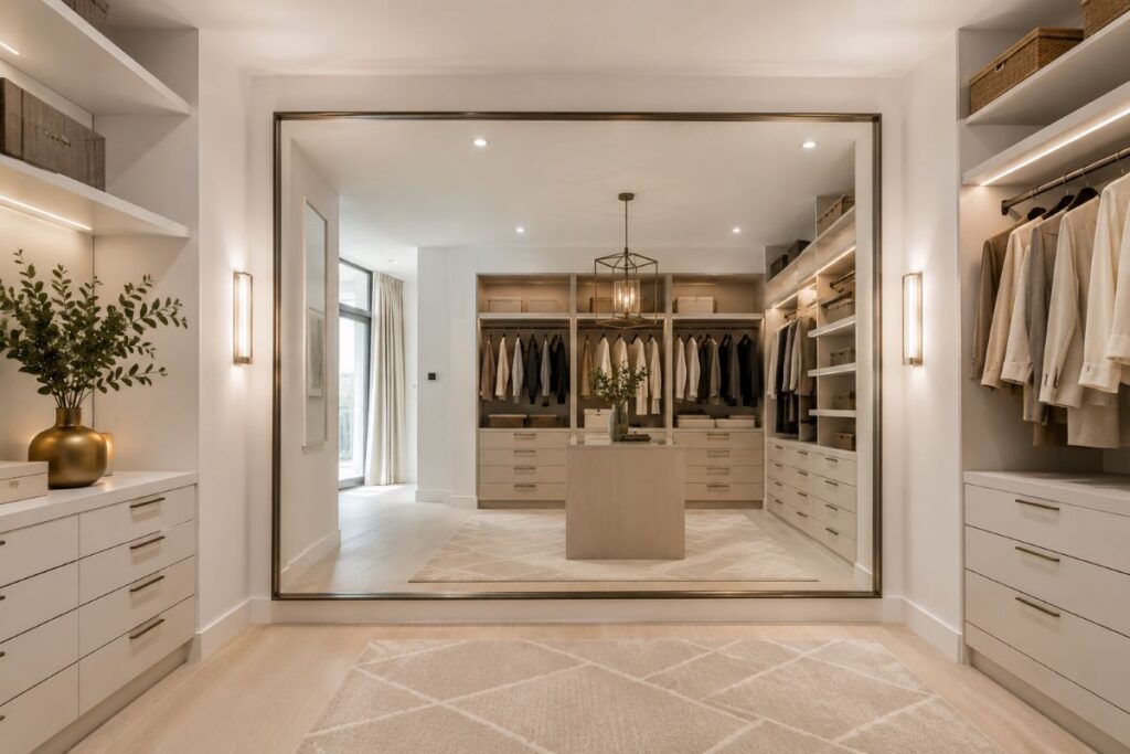 Modern closet with oversized statement mirror and cabinetry