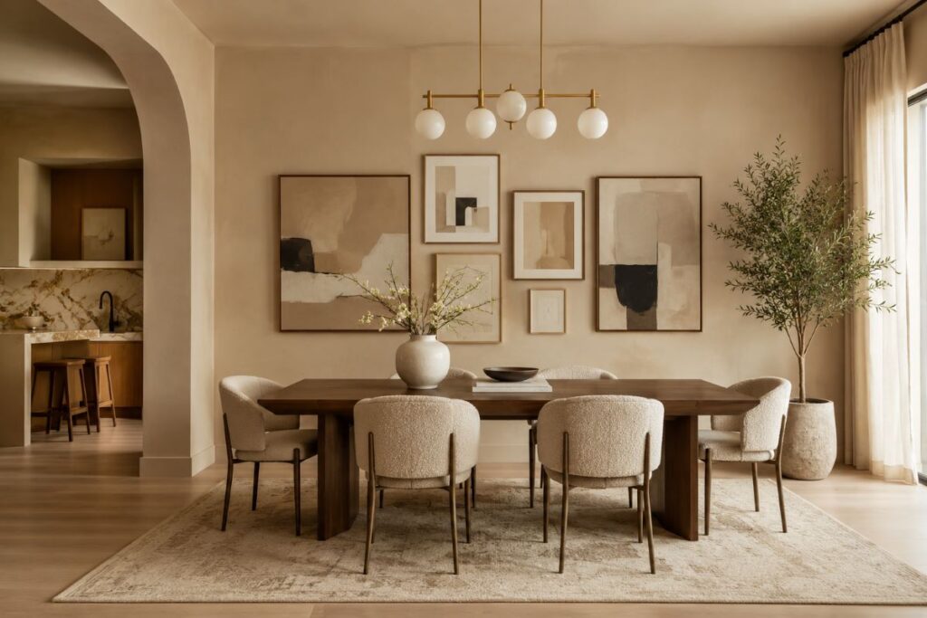 Contemporary beige dining room with abstract wall art and modern styling