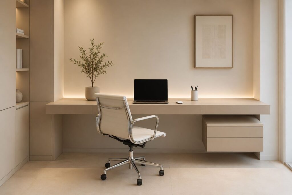 Sparse office with clear desk and statement piece for beige home office ideas