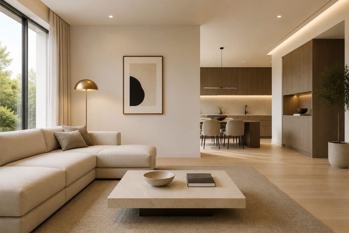Minimalist living area with clean lines and neutral palette