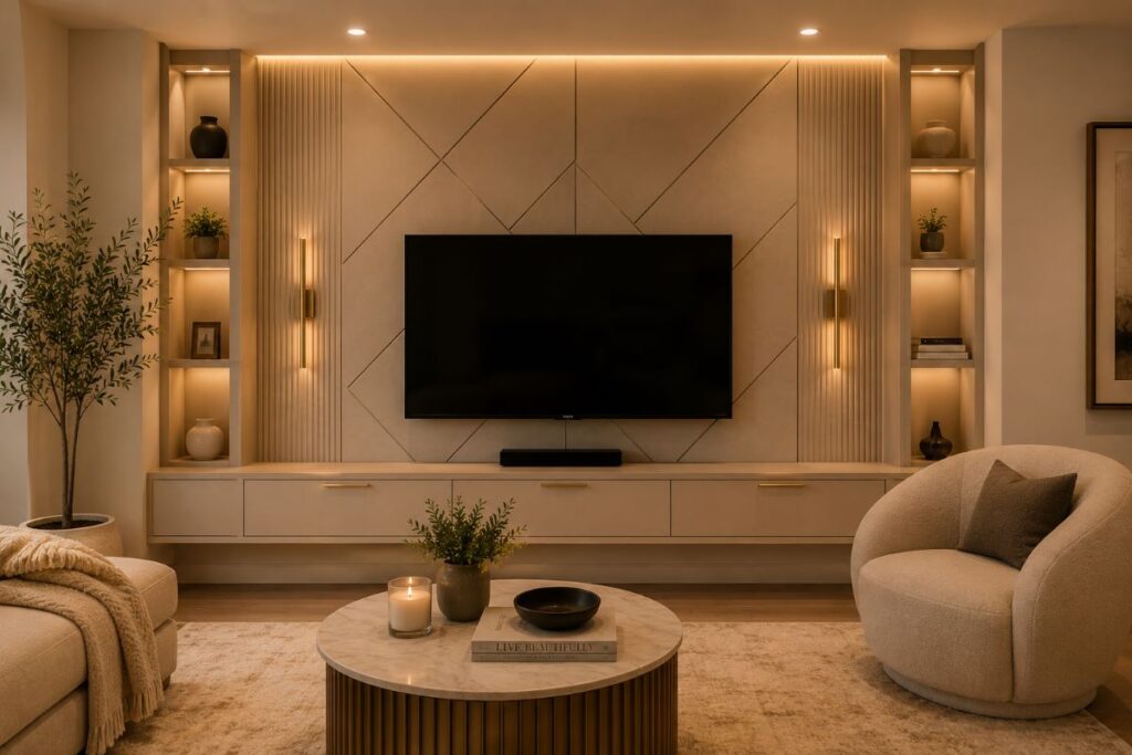 Contemporary beige entertainment wall with geometric textured design