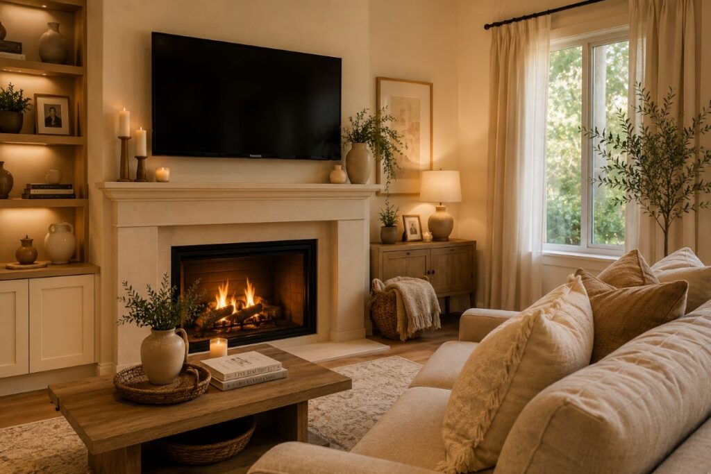 Cozy beige living room with fireplace and wall-mounted TV