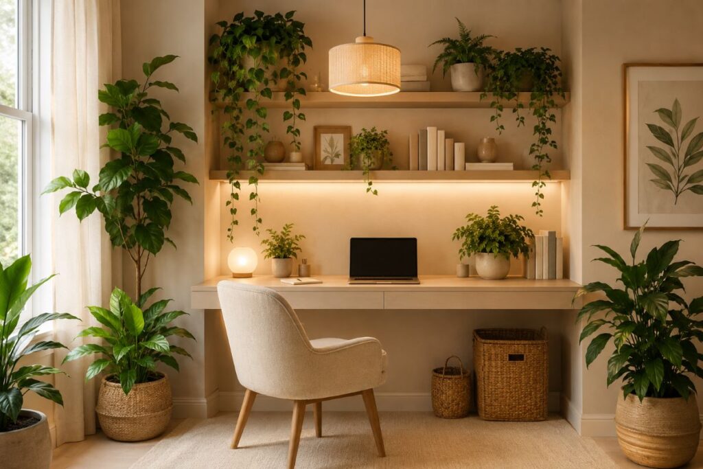 Inviting workspace filled with potted plants and greenery