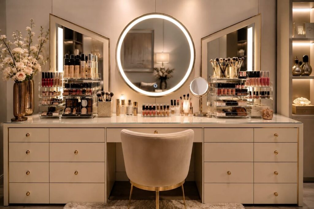 Spacious vanity design with multiple mirrors and bright reflective beauty area