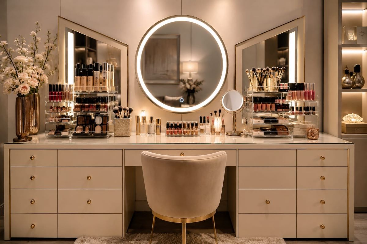 Spacious vanity design with multiple mirrors and bright reflective beauty area