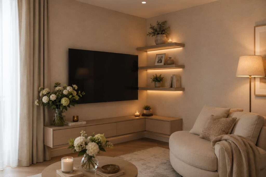 Elegant beige living room TV corner setup with shelving