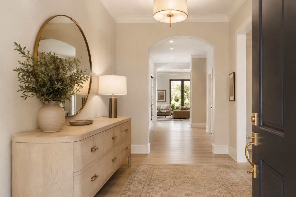 This quiet luxury beige interior design entryway featuring console table and large mirror