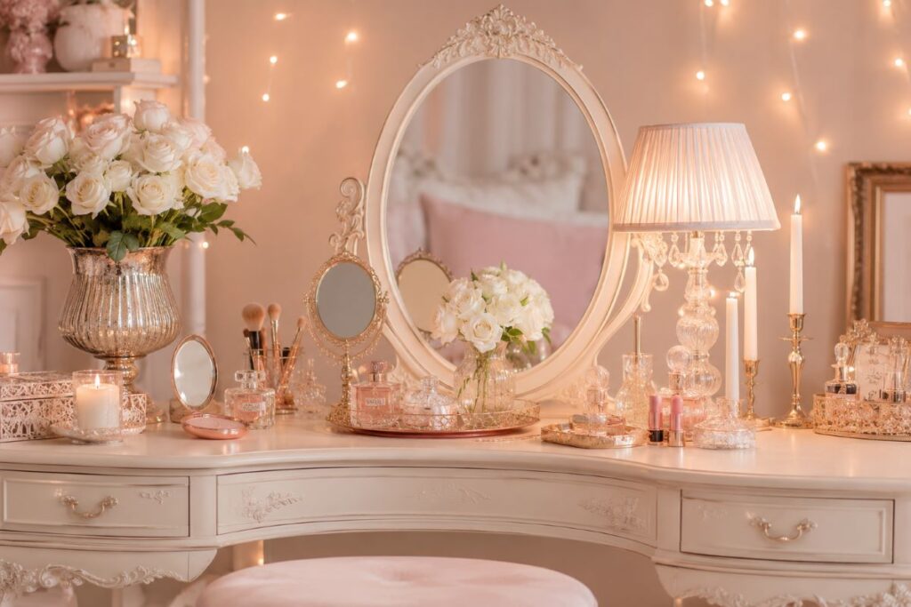 Aesthetic vanity decorated with flowers candles and perfume bottles in soft tones
