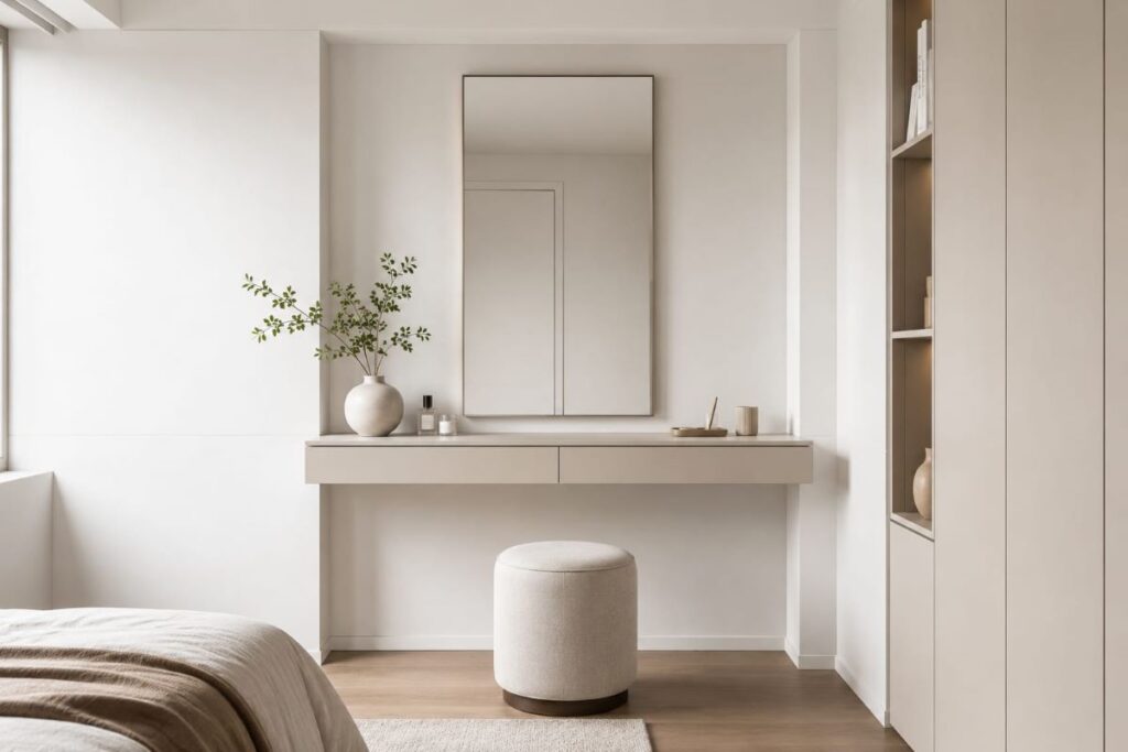 Space saving wall mounted beige vanity with minimal modern interior styling