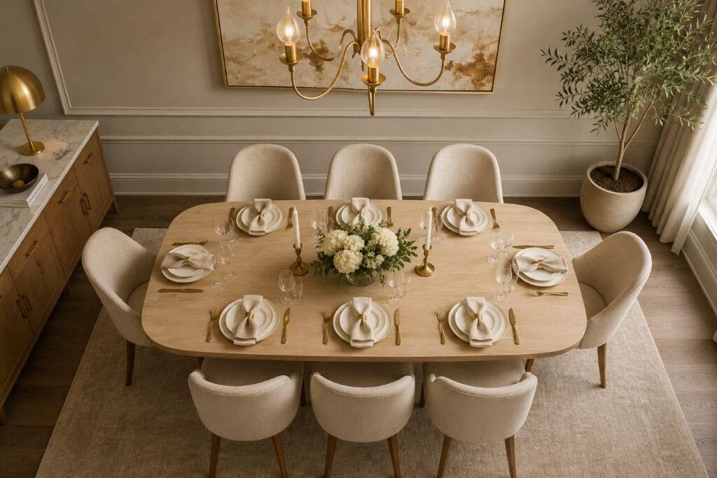 Refined dining room with quality table and upholstered chairs