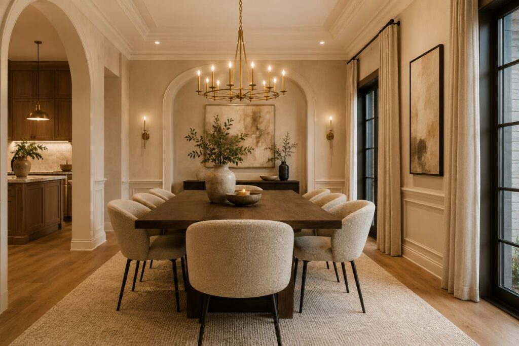 Luxury beige dining room with gold accents and elegant lighting design.

