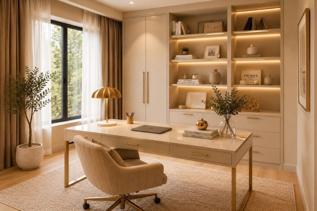 Luxury home office with beige desk and gold hardware