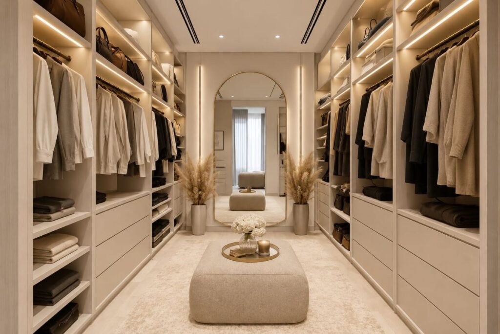 LED-lit walk-in closet with organized beige wardrobe storage