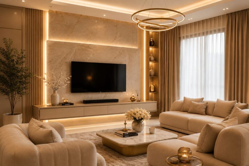 Luxury beige living room with gold chandelier and TV