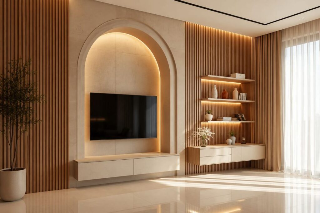 Luxury beige TV niche featuring arched architectural design element