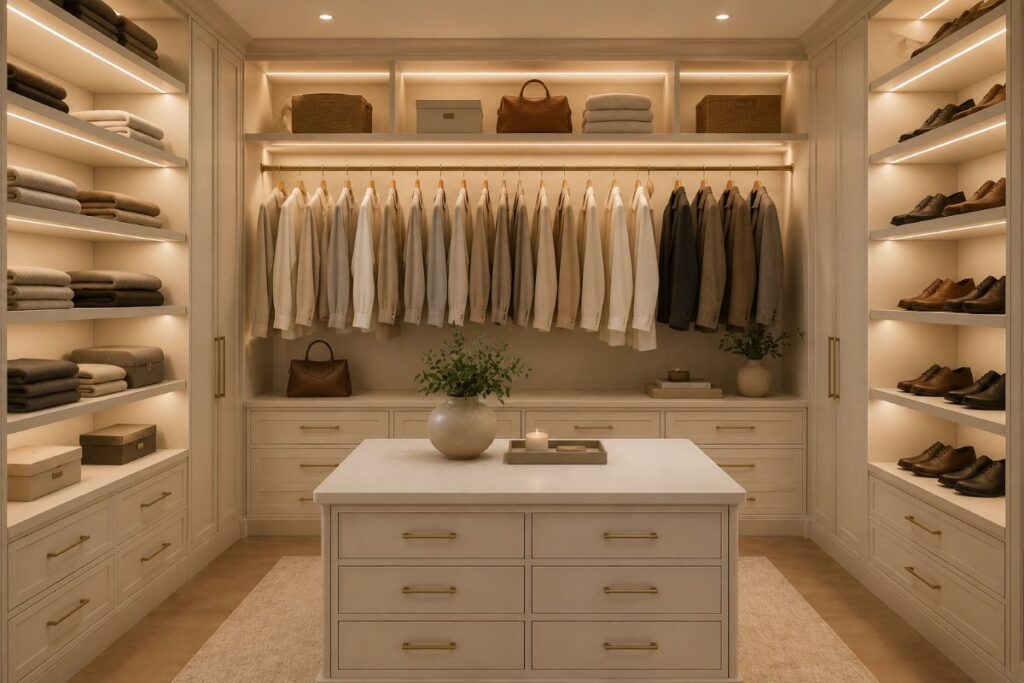 Well-organized closet with cabinetry and soft lighting for quiet beige luxury interior design