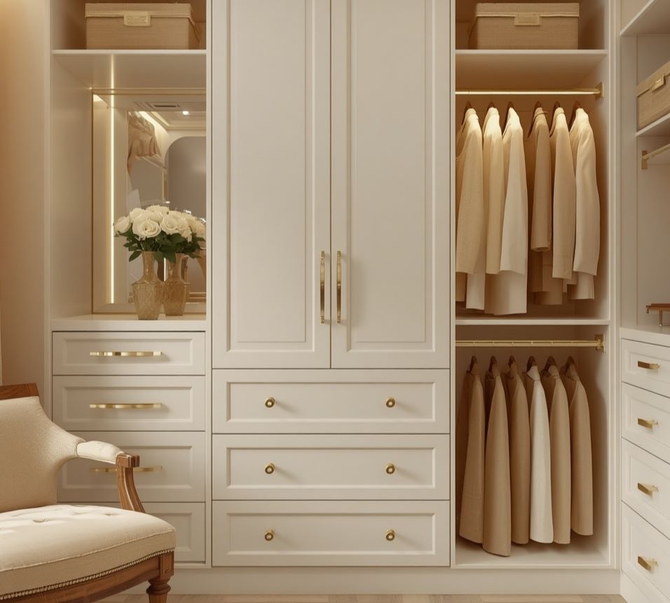 High-end closet featuring gold hardware and velvet seating