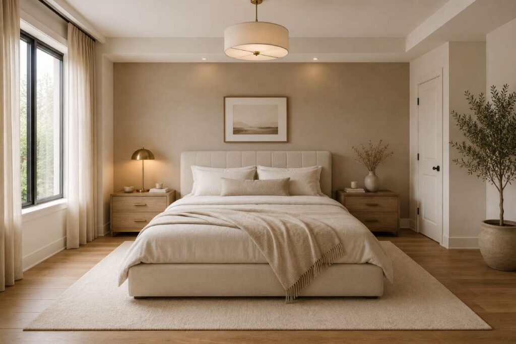 Peaceful bedroom with cream bed and minimal accessories