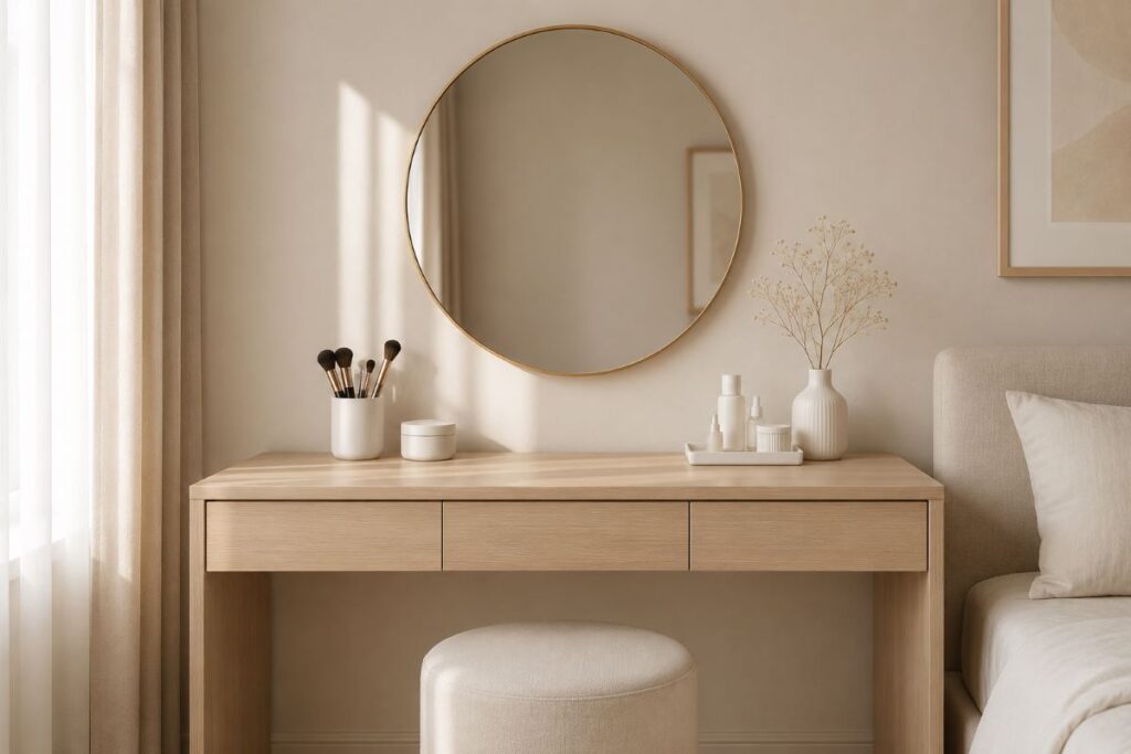 Soft beige vanity table with round mirror and clean modern aesthetic setup