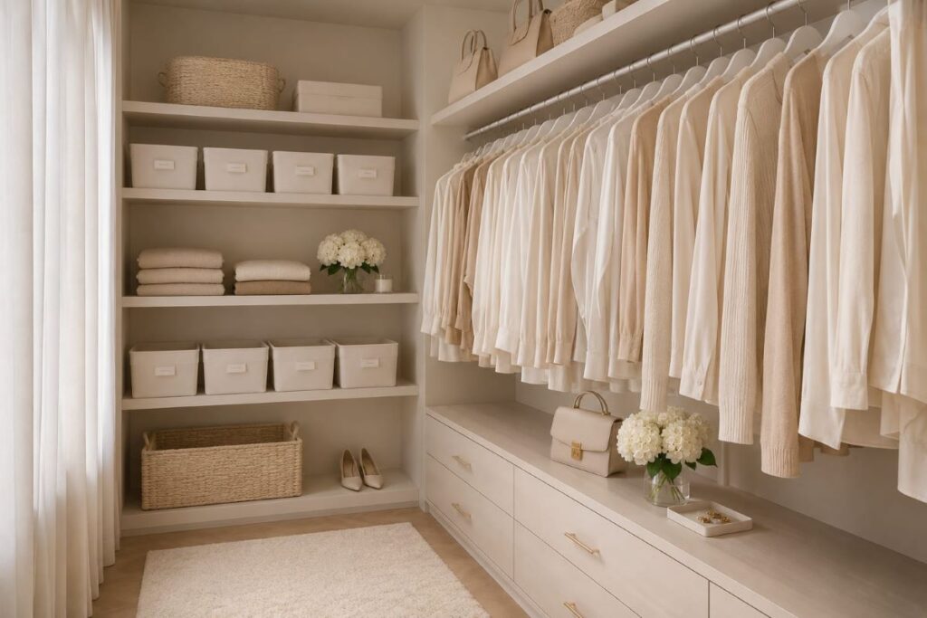 Minimalist closet displaying curated neutral wardrobe on hangers