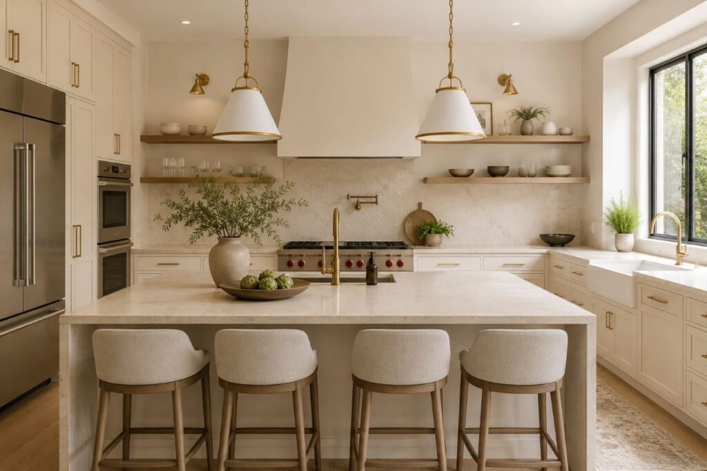 Contemporary kitchen displaying cream cabinetry and marble countertops