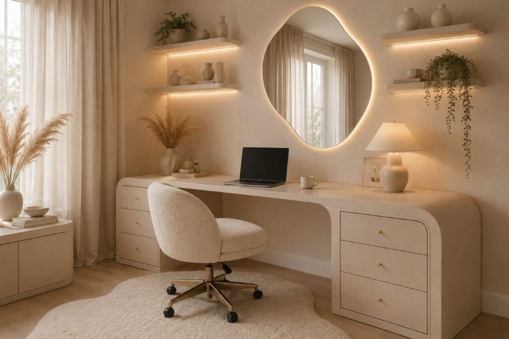 Contemporary workspace with LED mirror and curved desk