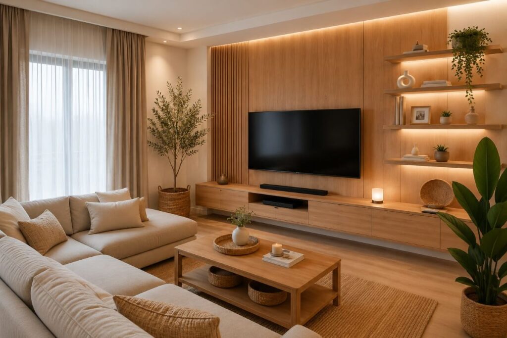 Modern beige TV lounge with warm LED shelving design