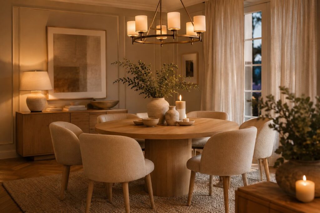 Cozy beige dining room with warm ambient lighting and soft atmosphere.
