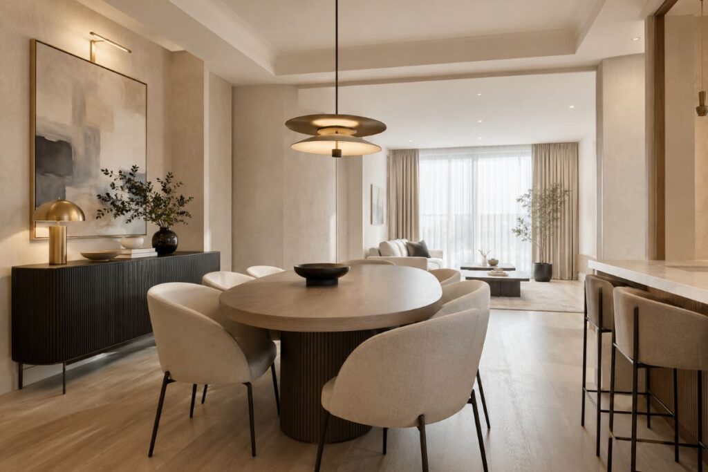 Modern neutral dining room with beige and cream color palette design.

