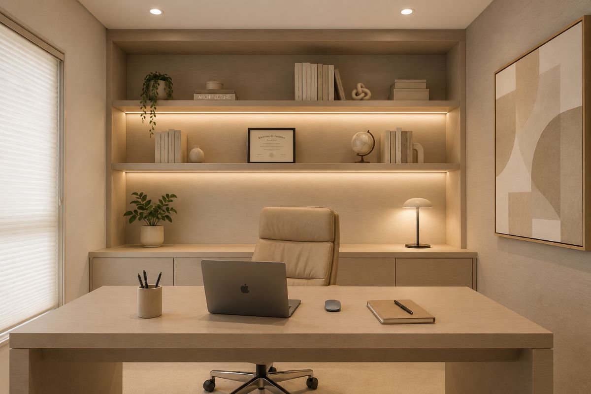 Streamlined office with minimal items and neutral shelving