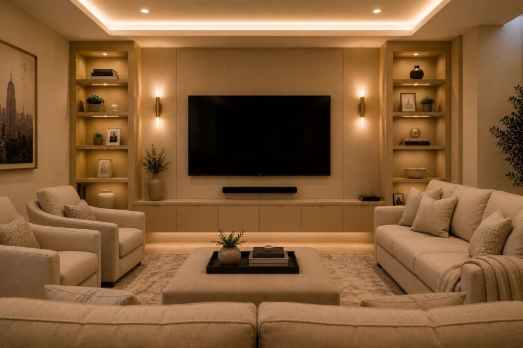Professional beige TV room layout with organized seating arrangement