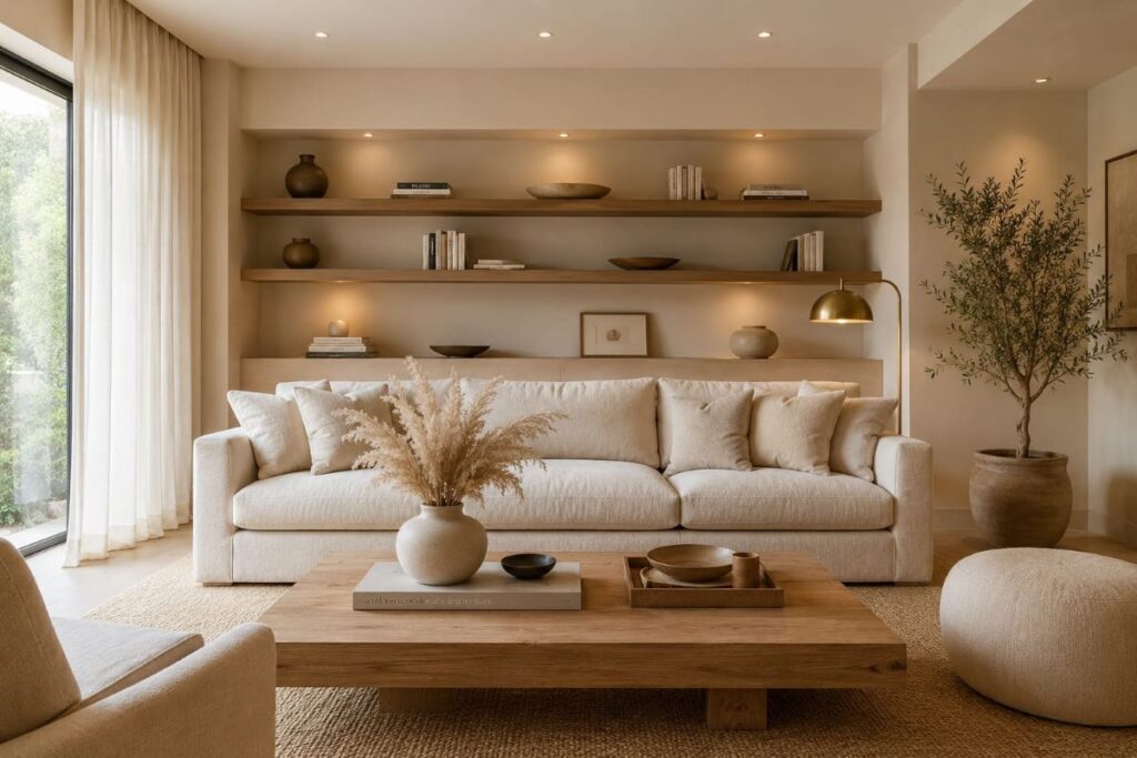  living room featuring cream sofa and wooden furniture for quiet luxury beige interior