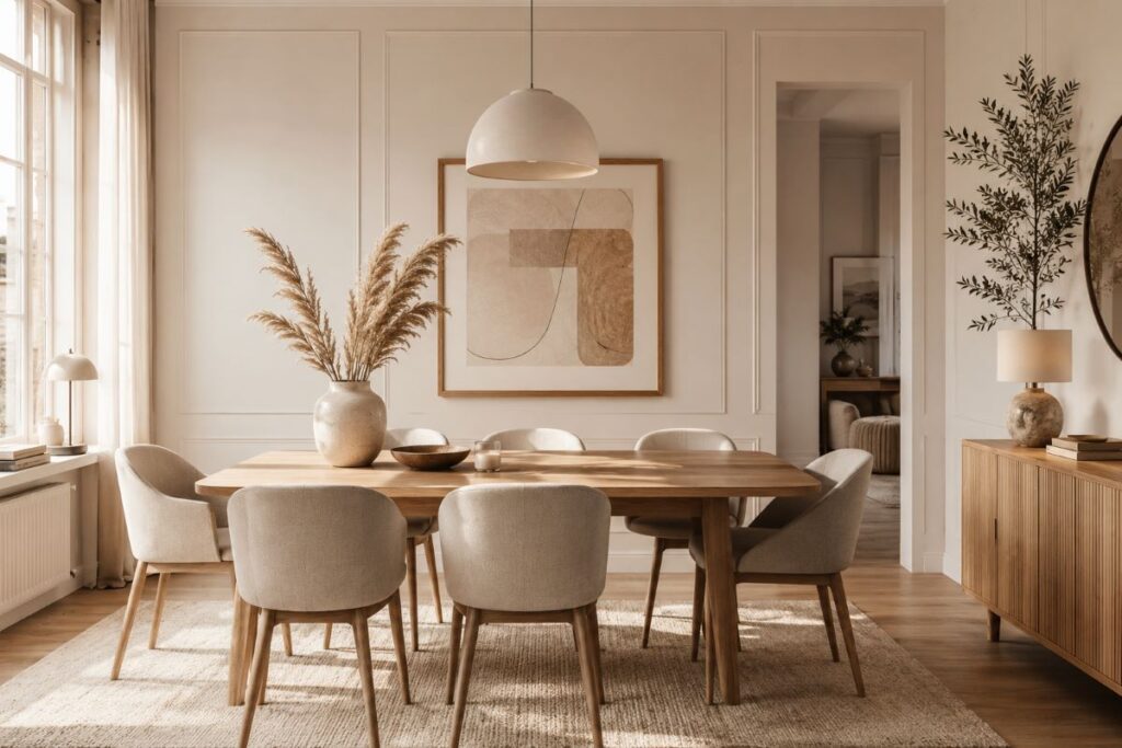 Scandinavian style beige dining room with light wood and minimal design.
