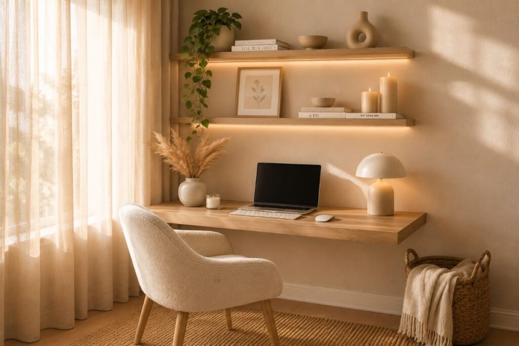 Minimalist office with natural wood furniture and plants